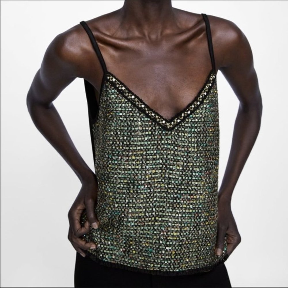 Zara Womens Tweed Sequin Black Cami